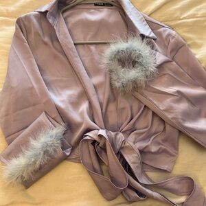 SHEIN Lavender Satin Blouse with Feather Trim